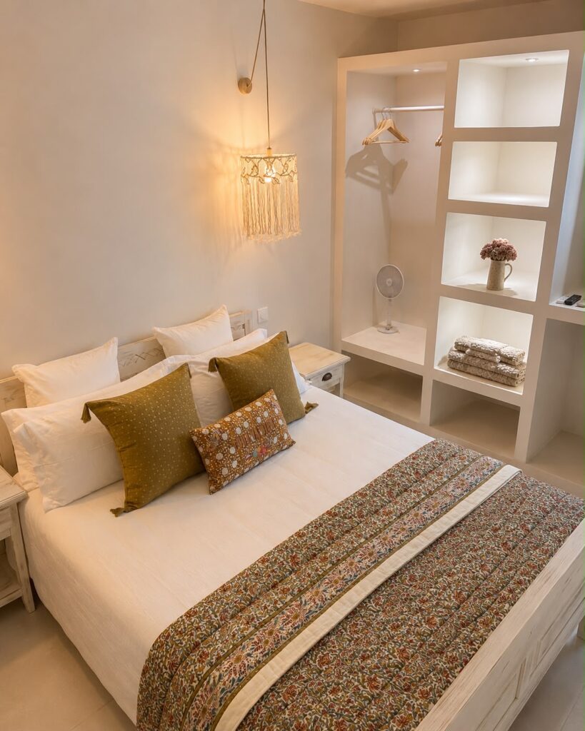 Chambre double cosy avec suspension en macramé et rangements du gîte Bois de l'Encens, Les Bois d'Orée