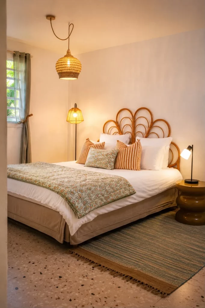 Lit double avec tête de lit en rotin tressé et linge de maison chaleureux dans la chambre du gîte Bois Banane, Les Bois d'Orée