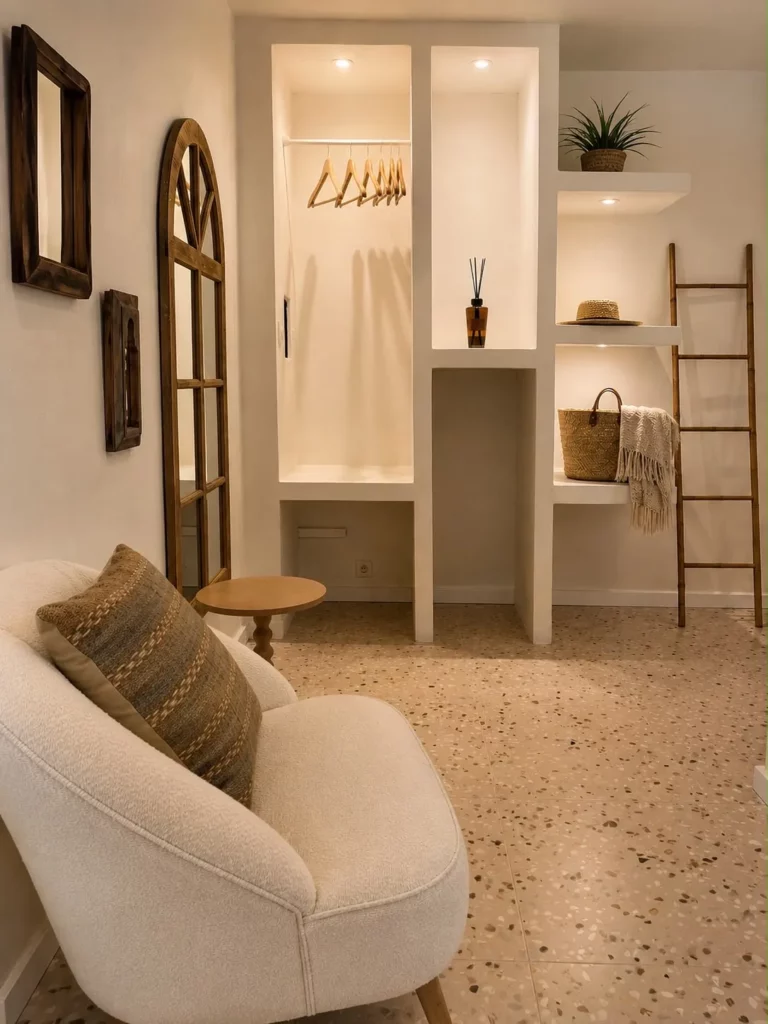 Espace dressing intégré avec penderie, étagères et miroir dans le gîte Bois Banane, Les Bois d'Orée à Sainte-Anne