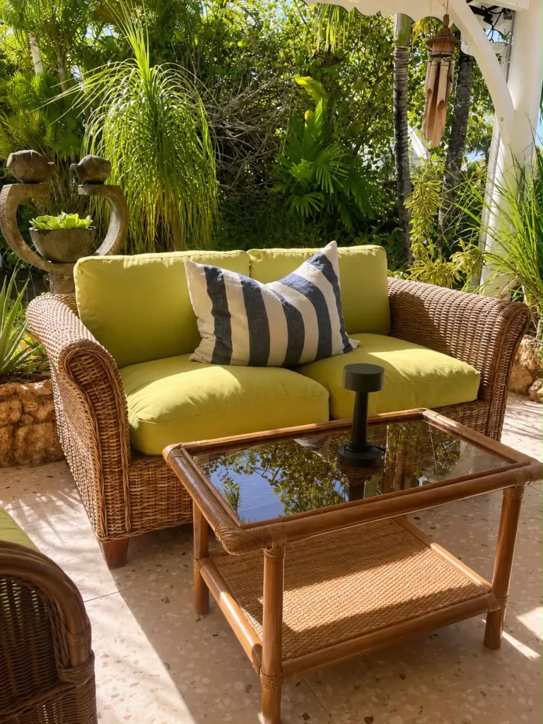 Canapé deux places en rotin tressé avec coussins verts sur la terrasse du gîte Bois Banane, entouré d'un jardin tropical