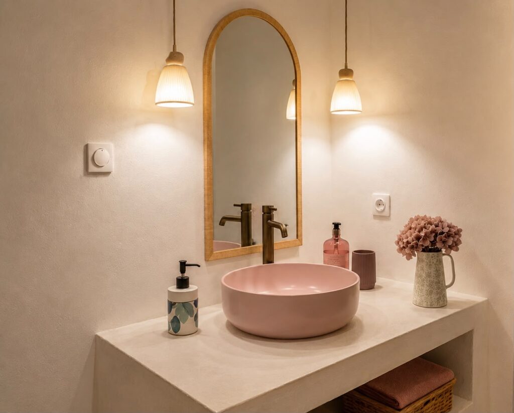 Vasque rose et miroir arqué en bois de la salle de bain du gîte Bois de l'Encens, Les Bois d'Orée